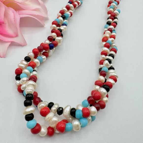 Artisan Pearl Glass Bead Triple Strand Twisted Necklace Box Clasp Red White Blue - Picture 4 of 9